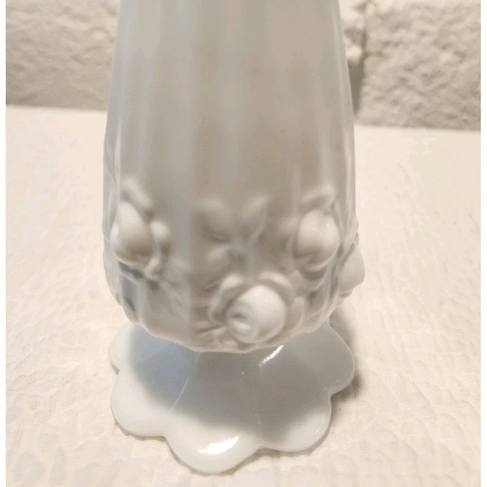 Vintage Fenton white milk glass bud vase, Cabbage Rose Pattern 10